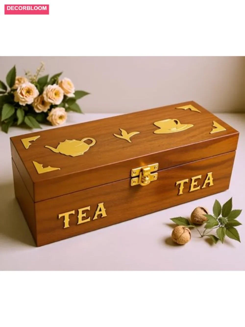 Handcrafted Rosewood Tea Box 3-Compartment Organizer with Brass Inlay